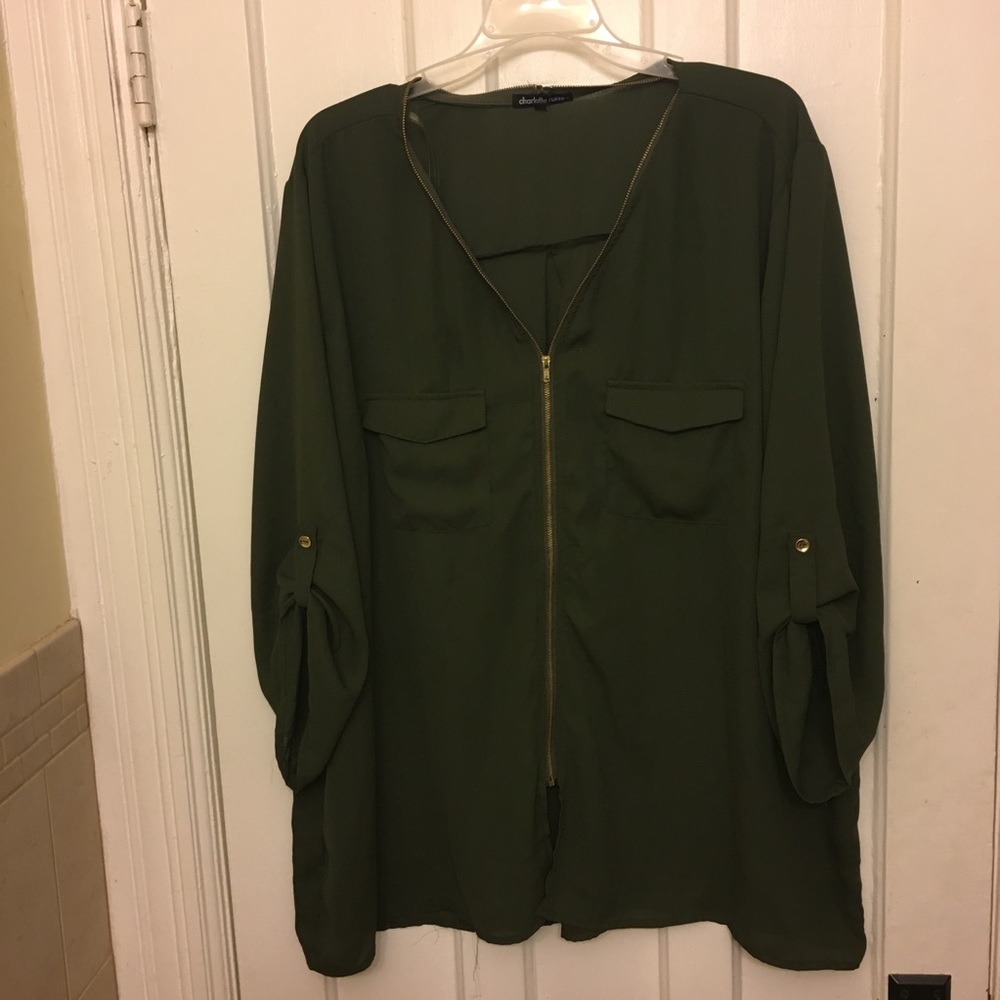 New Hunter Green Zipper Front Blouse Wet Seal
